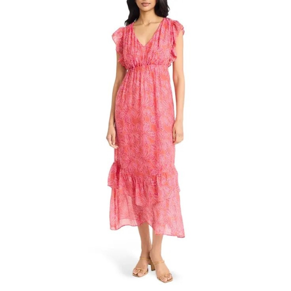 The Good Journey‎ Ruffled Tiered Midi Dress Magenta Combo Pink Size 8
